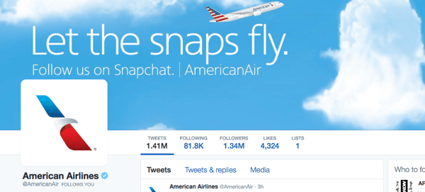 American Airlines imagine twitter cu Snapchat