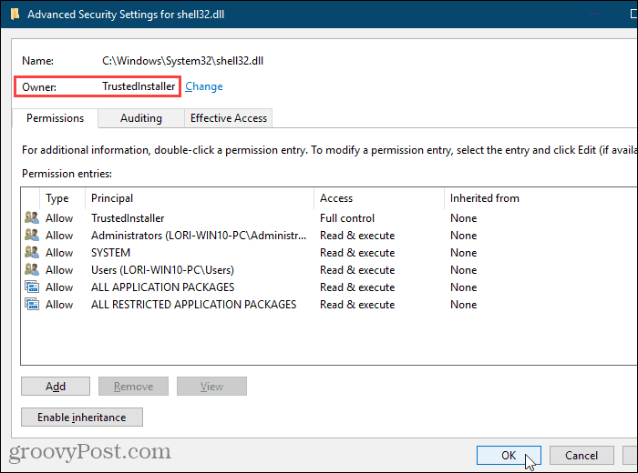 Închideți caseta de dialog Setări avansate de securitate din Editorul Registrului Windows