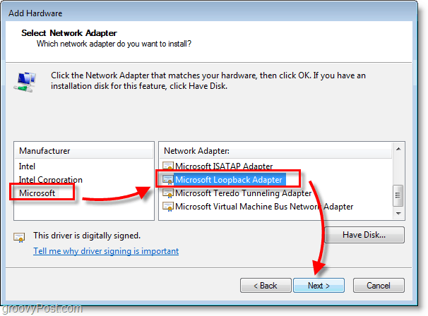 Fereastra de rețea Windows 7 Selectează microsoft> adaptor pentru buclă microsoft