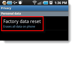 meniu de resetare a datelor din fabrică Android