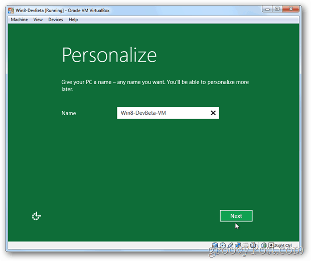 VirtualBox Windows 8 personalizează numele PC-ului de instalare