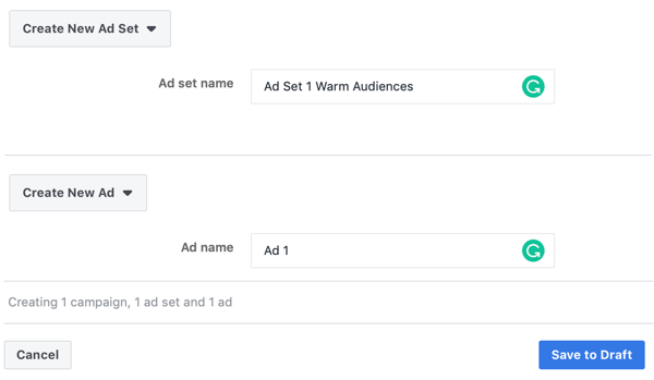 Cum să vizați clienții potențiali calzi cu anunțurile Facebook Messenger, pasul 3, setările de nume de anunțuri și seturi de anunțuri
