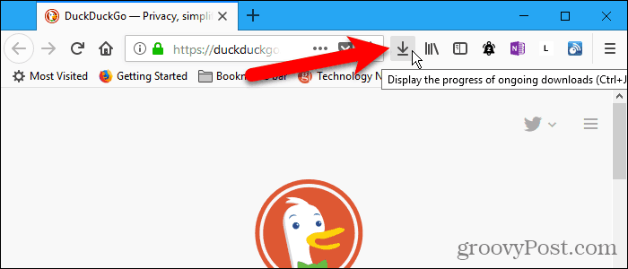 Butonul Descărcări de pe bara de instrumente din Firefox