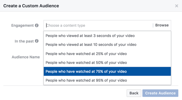 Pentru un public personalizat bazat pe interacțiunea video, puteți selecta cât din videoclipul dvs. trebuie să vizioneze cineva pentru a vedea anunțul dvs. de retargeting.