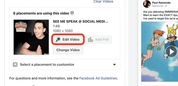 Opțiunea Editare video pentru anunțul video Facebook
