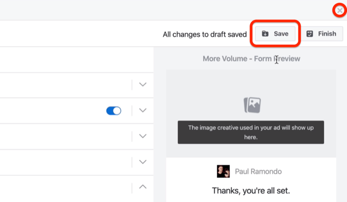 Butonul Salvare pentru a salva formularul de plumb Facebook ca schiță