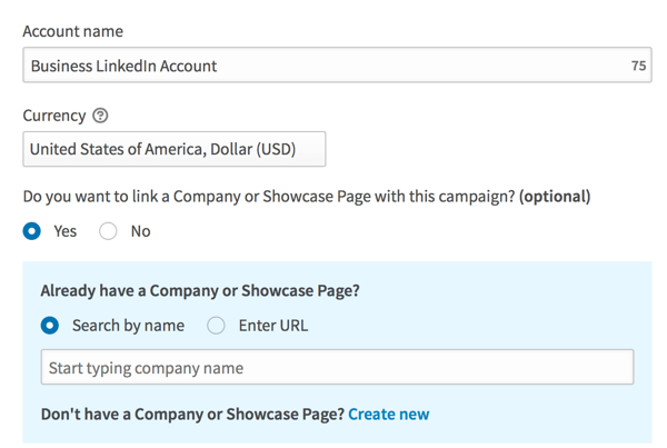 Completați detaliile pentru a vă configura contul de publicitate LinkedIn.