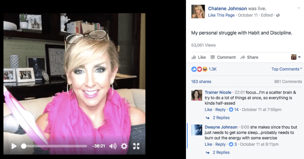 Postare video Facebook Live pe pagina de Facebook a lui Chalene.