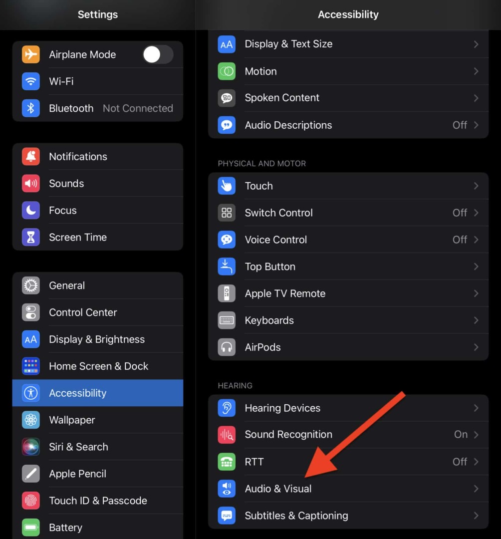 Selectați Audio și vizual în setările de accesibilitate de pe iPad
