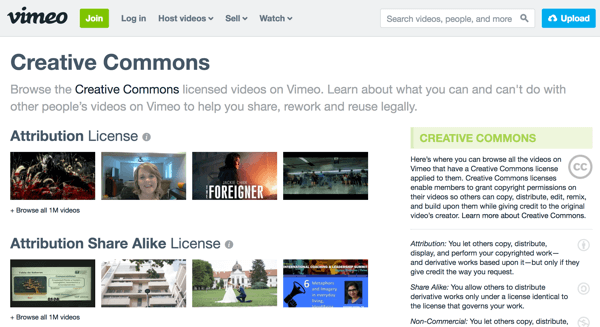 Vimeo grupează imagini video în funcție de tipul de licență și include explicații pentru fiecare tip din dreapta.