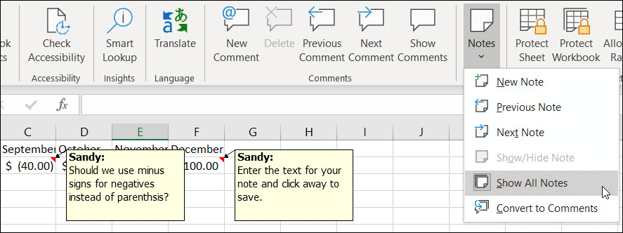 Afișați toate notele în Excel
