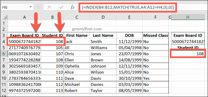 Un exemplu de formulă combinată INDEX și MATCH în Excel