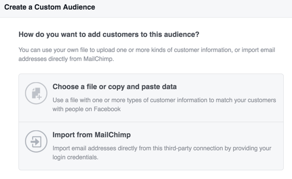 Alegeți cum doriți să încărcați informații despre clienți pentru a vă crea publicul personalizat pe Facebook.