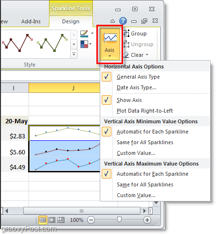 schimba axa sparklines în excel 2010