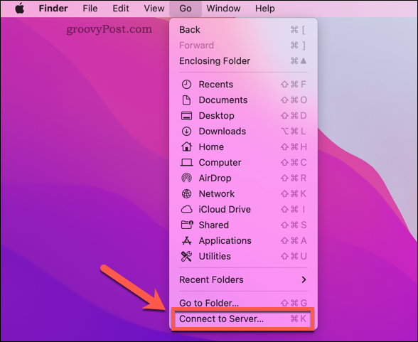 Deschiderea opțiunii Mac Finder Connect to Server