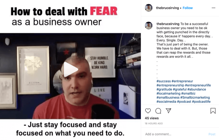 Postarea pe Instagram a lui Bruce Irving despre cum să faci față fricii ca proprietar de afacere