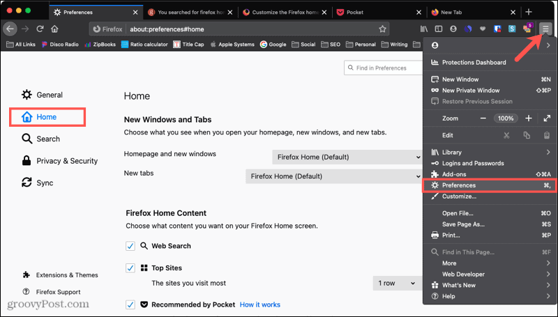 Firefox Preferences Home pe Mac