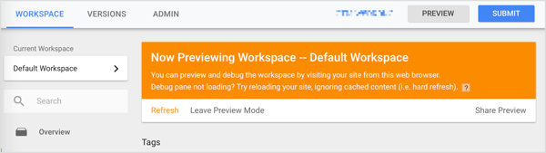 După ce faceți clic pe Start Preview, apare o bară portocalie pentru a vă informa că sunteți în modul previzualizare.