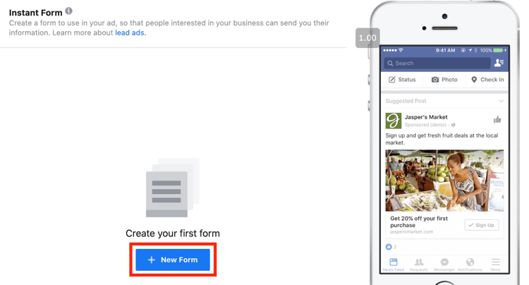 opțiune pentru a crea formular pentru campania de generare de clienți Facebook