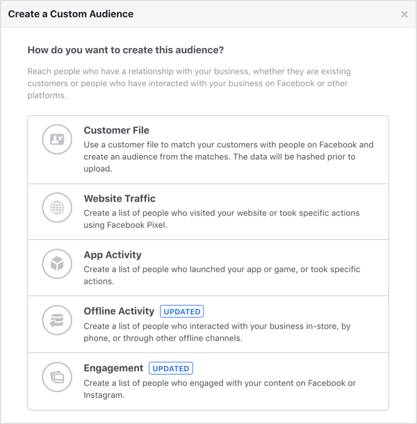 Opțiuni pentru crearea unui public personalizat pe Facebook