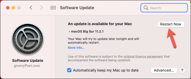 Reporniți un Mac pentru a începe o actualizare a sistemului