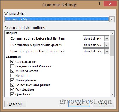 word 2013 configurează meniul de setări gramaticale