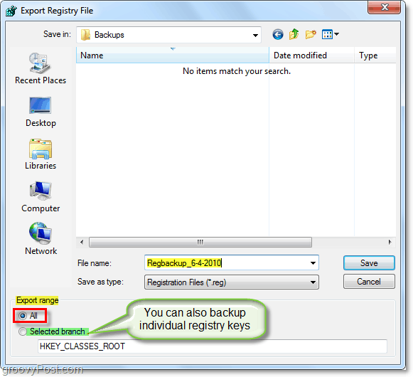 salvați backup-ul registrului în Windows 7 și Vista