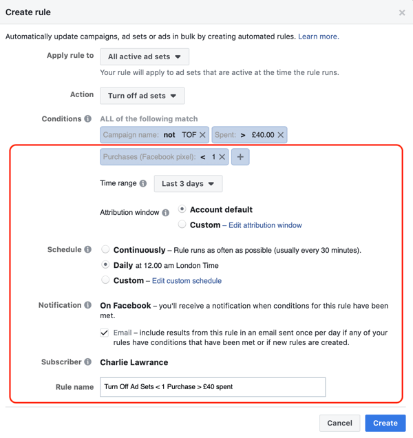 Utilizați reguli automatizate Facebook, opriți setul de anunțuri atunci când cheltuielile sunt de două ori cost și mai puțin de o achiziție, pasul 3, setări suplimentare de reguli