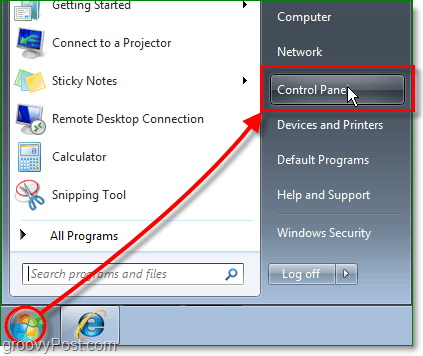 Faceți clic pe meniul Start Orb, apoi faceți clic pe panoul de control În Windows 7