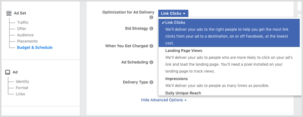 Alegeți clicuri pe link din lista derulantă Optimizare pentru difuzarea anunțurilor atunci când creați anunțul dvs. Facebook.