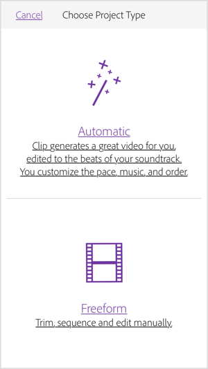 Selectați Automat pentru ca Adobe Premiere Clip să vă creeze un videoclip.