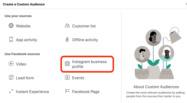 Opțiunea Profil de afaceri Instagram selectată în caseta de dialog Creați un public personalizat