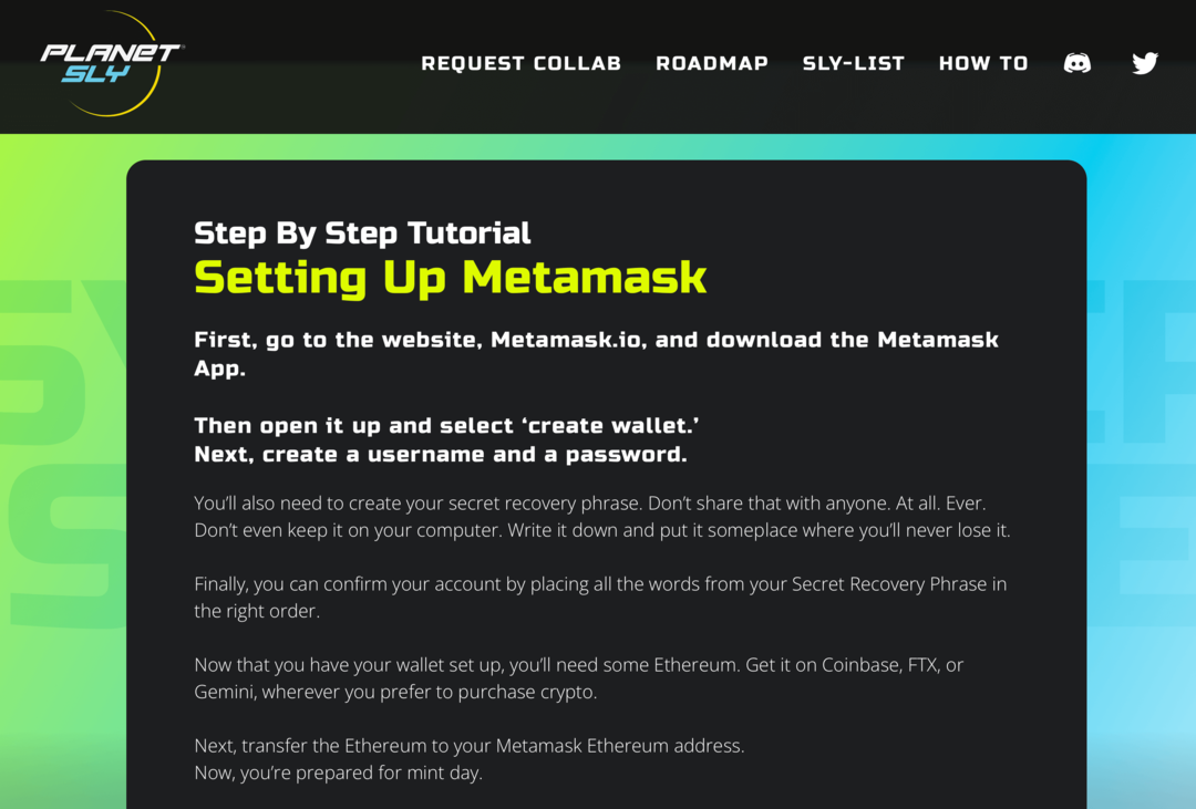imaginea tutorialului Metamask pe site-ul PlanetSLY