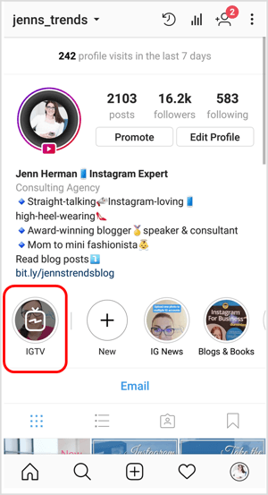 Pictograma IGTV pe un profil Instagram
