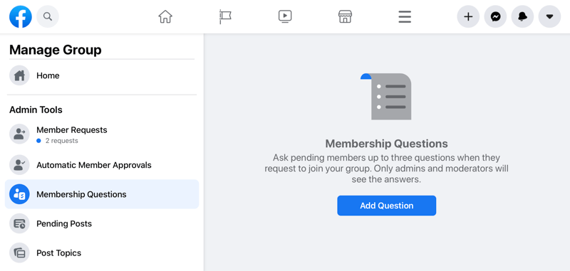Facebook gestionează opțiunea de grup evidențiind opțiunea de întrebări de membru
