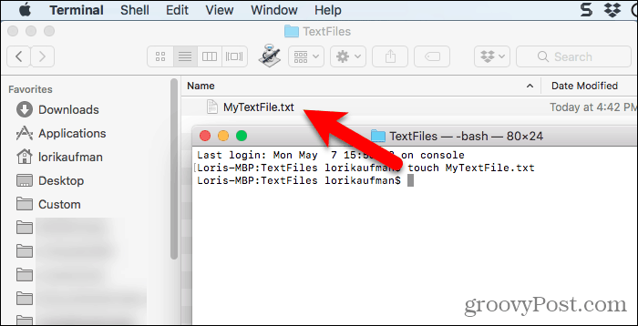 Fișier text creat folosind comanda tactilă în Terminal pe Mac