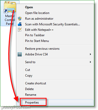 Captura de ecran de Windows 7 - faceți clic dreapta pe comanda rapidă și accesați proprietățile