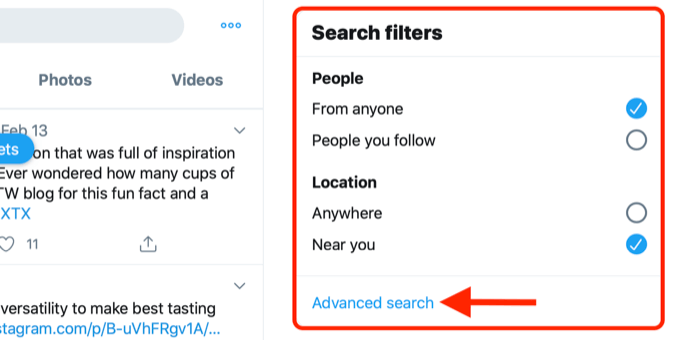 captură de ecran care prezintă linkul de căutare avansată în caseta de filtre de căutare twitter