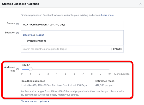 Opțiunea de dimensiune a audienței atunci când creați publicul dvs. Facebook Lookalike din publicul dvs. personalizat.