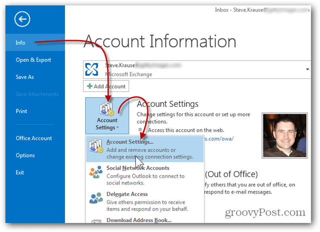 Adăugare căsuță poștală Outlook 2013 - Faceți clic pe Setări cont cont informații