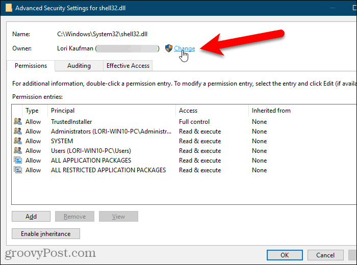 Faceți clic pe Modificare pentru proprietar în caseta de dialog Setări avansate de securitate din Editorul registrului Windows