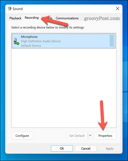 Deschiderea meniului de proprietăți microfon pe Windows 11