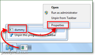 ajustați Windows 7 proprietățile de comenzi rapide ale barei de activități
