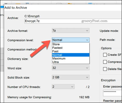 Opțiuni de compresie a fișierelor pentru un fișier de arhivă 7zip în Windows 10