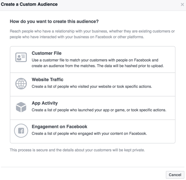 Cu Facebook Ads Manager, puteți crea un public personalizat pe baza unui fișier de client sau a unui angajament cu site-ul dvs. web, aplicația sau conținutul Facebook.