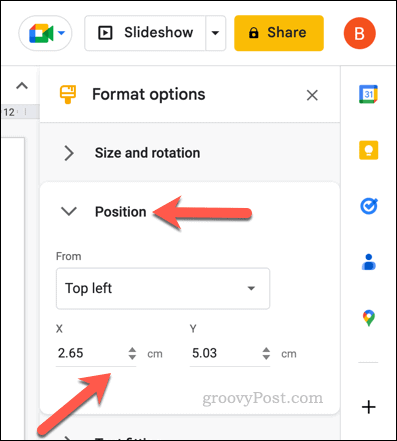 Schimbați opțiunile de poziție pentru un tabel Google Slides