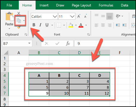 Copierea celulelor din Excel sub formă de tabel