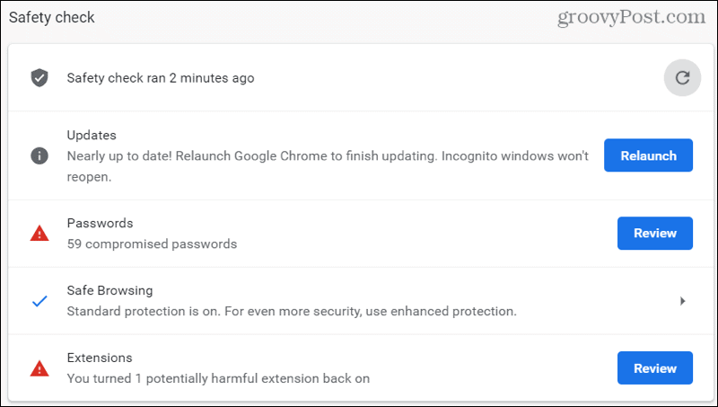 Rezultatele verificării siguranței Chrome