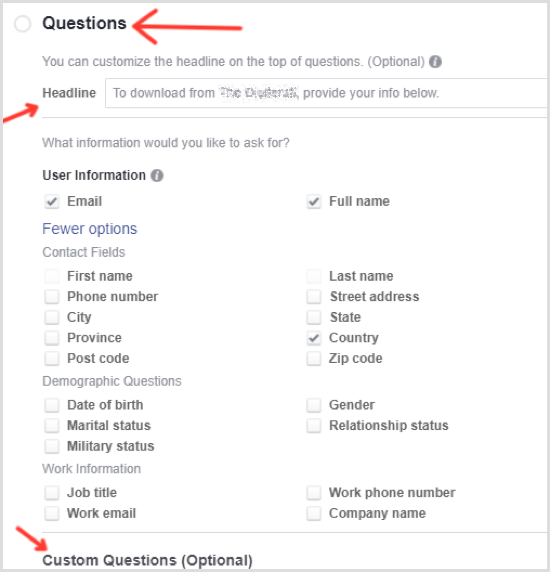 Întrebări de selectare a anunțului principal Facebook