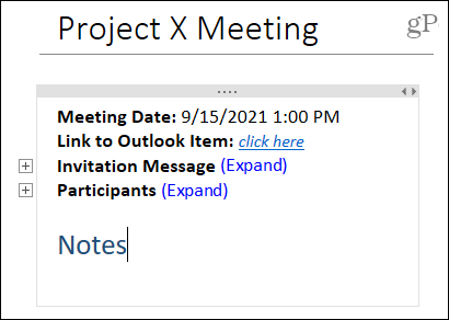 Detalii despre întâlnire pe desktopul OneNote